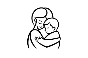 A contemporary graphic design uses one continuous line to show a happy mother hugging her sweet son at school, conveying warmth and love. This symbolizes a joyful, loving family moment.