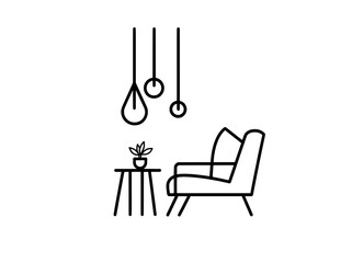 A single-line drawing featuring a Scandinavian armchair and table with a monstera leaf in a vase, along with hanging pendant loft lamps. The doodle presents modern furniture in a simple linear style.