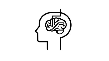 A contemporary doodle illustration with a continuous one-line drawing of a person's head and brain connected by a plug, conveying the concept of burnout syndrome and work-related fatigue in a simple