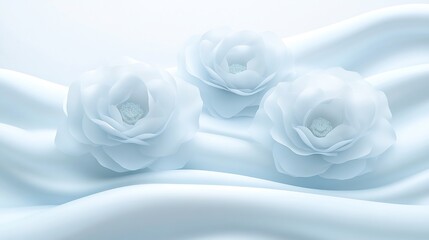 Canvas Print - Three light blue roses on flowing silk fabric.