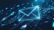 © Andini - A glowing blue digital email envelope flies across a digital network.