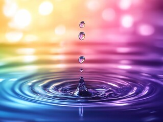 Wall Mural - Explore the beauty of water droplets creating ripples in a colorful background