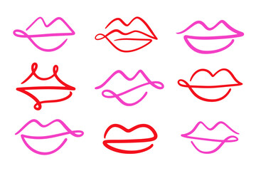 Wall Mural - lips mouth one line drawing abstract kiss icon set