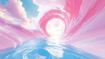 Wall Mural - An abstract 3D illustration showcasing a tunnel or wormhole, a cosmic bridge between universes. A scene of an expansive speed tunnel warping space, reminiscent of a wormhole or black hole,