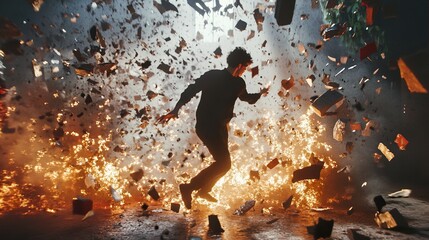 Canvas Print - Man Running Through Fiery Explosion: A Surreal Action Scene