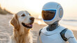 © Unclutter Aesthetics - friendly robotic assistant and golden retriever enjoy beach sunset