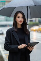 Wall Mural - A woman wearing a black coat and holding an umbrella and tablet. She is smiling and looking at the camera