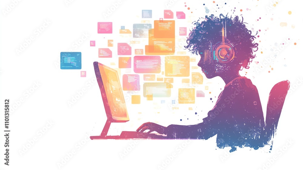 a 2D cartoon illustration of a person learning coding on a laptop ...