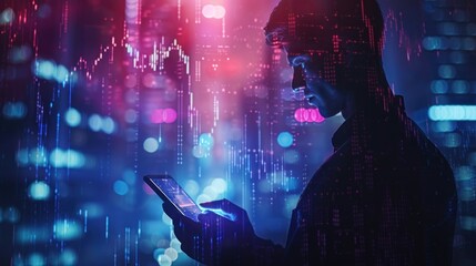Man using smartphone, futuristic city background, digital data overlay.