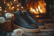 © Gelpi - Knitted sneakers with white roses, pine branches, ornaments, and a wrapped gift arranged near a cozy fireplace and glowing lights Generative AI