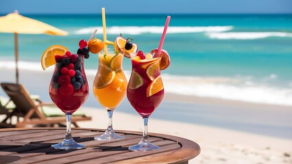 Wall Mural - Set of Three Refreshing Fruit Cocktails Standing on Table on Beach, Blurred Turquoise Sea on Background. Colorful Summer Ice Cold Drinks. Fresh Healthy Beverages with Berries, Orange and Passion Fruit