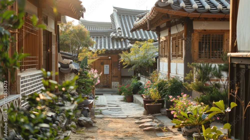 photograph of Bukchon Hanok Village, Korean traditional house in Seoul ...