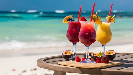 Wall Mural - Set of Three Refreshing Fruit Cocktails Standing on Table on Beach, Blurred Turquoise Sea on Background. Colorful Summer Ice Cold Drinks. Fresh Healthy Beverages with Berries, Orange and Passion Fruit