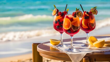 Wall Mural - Set of Three Refreshing Fruit Cocktails Standing on Table on Beach, Blurred Turquoise Sea on Background. Colorful Summer Ice Cold Drinks. Fresh Healthy Beverages with Berries, Orange and Passion Fruit