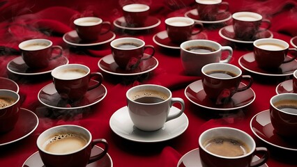 Seamless background pattern with fresh coffee in cups and saucers on red background
