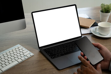 Wall Mural - mock up using laptop with blank screen computer modern