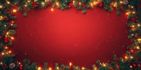 Wall Mural - Christmas background with xmas tree and sparkle bokeh lights on red canvas background. Merry christmas card. Winter holiday theme. Happy New Year. Space for text, top view