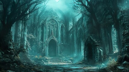 Canvas Print - Enigmatic Gothic Church Ruins in a Dark Forest