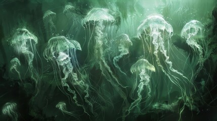 Wall Mural - a group of ethereal jellyfishlike creatures with delicate transparent bodies that emit a soft pulsat