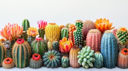 Poster - A collection of vibrant cacti in bold hues set against a stark white background, showcasing their intense colors