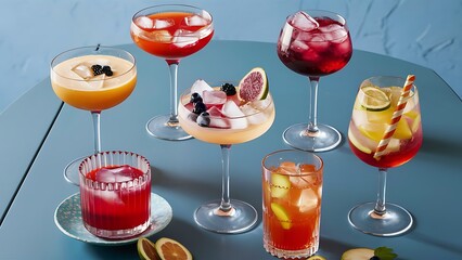 Wall Mural - Different types of summer drinks in glasses, cubes of ice and slices of fruits on blue table. Healthy vitamin fruit and berry drinks.