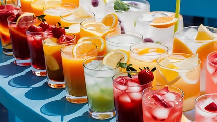 Wall Mural - Different types of summer drinks in glasses, cubes of ice and slices of fruits on blue table. Healthy vitamin fruit and berry drinks.