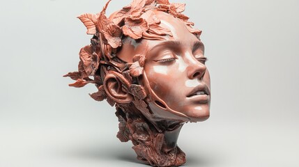 Sticker - Serene Clay Sculpture: A Woman's Face Adorned with Leaves