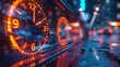 © harryaishi - A close-up of a neon clock reflecting on a wet surface in a vibrant urban setting.