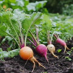 Wall Mural - Harvesting fresh radishes organic garden photography outdoor close-up sustainable living