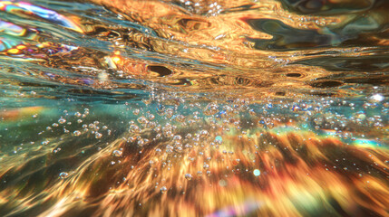 Wall Mural - underwater view of shimmering light and bubbles during sunset at a serene coastal location