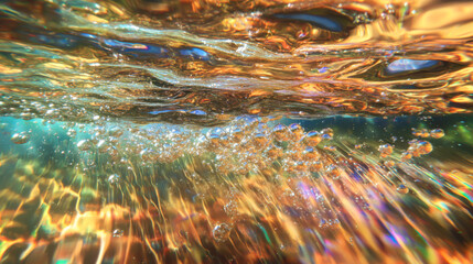 Wall Mural - underwater view of shimmering light and bubbles during sunset at a serene coastal location