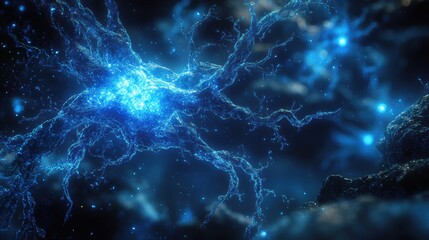 Wall Mural - A blue and white image of a brain with many blue and white dots. Generative AI