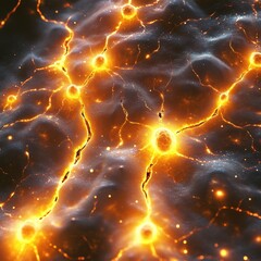 Wall Mural - A close up of a black and orange background with a lot of glowing yellow dots. Generative AI