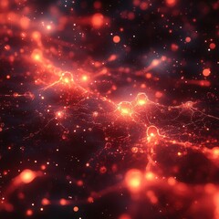 Wall Mural - A red and black background with many glowing dots. Generative AI