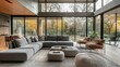 © Lion - Contemporary living room with gray furniture, large windows, cozy atmosphere, neutral colors, natural daylight,