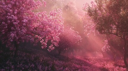 Wall Mural - Serene pink blossom landscape at sunrise