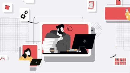 Wall Mural - animated frustrated man with laptop. asian young student worry isolated 2d animation. cartoon colour