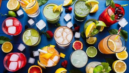 Wall Mural - Different types of summer drinks in glasses, cubes of ice and slices of fruits on blue table. Healthy vitamin fruit and berry drinks.