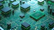 © SpacePhotos - A close-up view of a powerful processor surrounded by intricate circuitry, symbolizing the core component of modern technology. Circuit board, with its glowing green pathways and golden connectors. 2