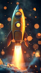 Wall Mural - retro rocket launch: a vintage-style rocket ship blasts off into a cosmic dreamscape, its fiery trai