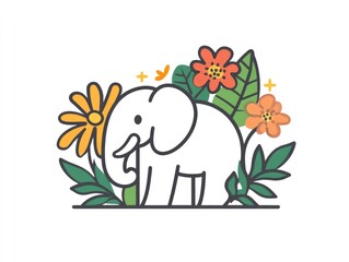 minimalist illustration of a white elephant surrounded by colorful tropical flowers and green leaves