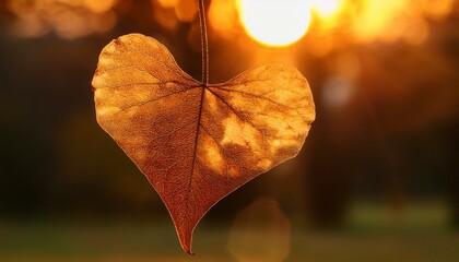 Canvas Print - Heart-shaped leaf glows golden in the sunset.