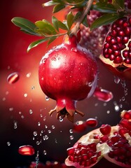 Wall Mural - Juicy pomegranate with water droplets, vibrant red.