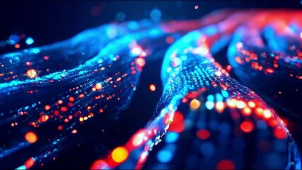 Wall Mural - Flow of data through fiber optics: aesthetic conceptual visualization of big data transfer, showcasing the dynamic movement of information in a high-tech digital network. Generative AI