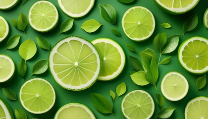 Wall Mural - Refreshing lime slices and vibrant green leaves create a zesty, summery vibe.