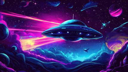 Wall Mural - Bold UFO glowing with beams in a swirling cosmic light design
