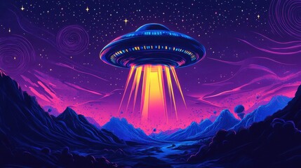 Wall Mural - Vivid UFO glowing with neon beams and vibrant cosmic patterns