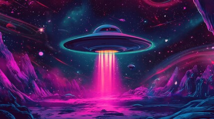Wall Mural - Dynamic saucer glowing in bold beams and swirling retro light effects