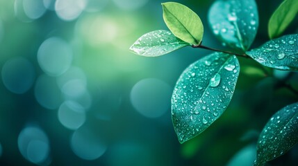 Wall Mural - green leaves with water droplets and bokeh background