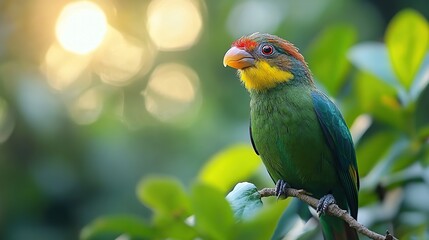 Wall Mural - Vibrant Green Coppersmith Barbet in Lush Foliage